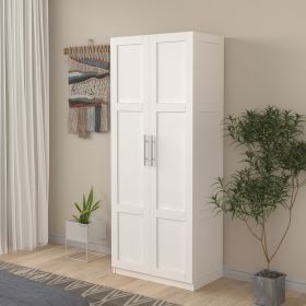 High wardrobe and kitchen cabinet with 2 doors and 3 partitions to separate 4 storage spaces; white